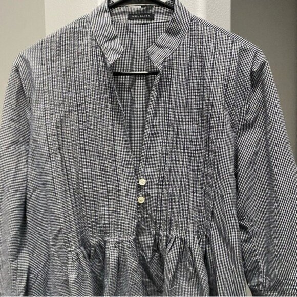 Mel & Lisa Blouse Large Gingham Farmhouse Bell Sleeve Blouse Blue White V Neck - Picture 2 of 6